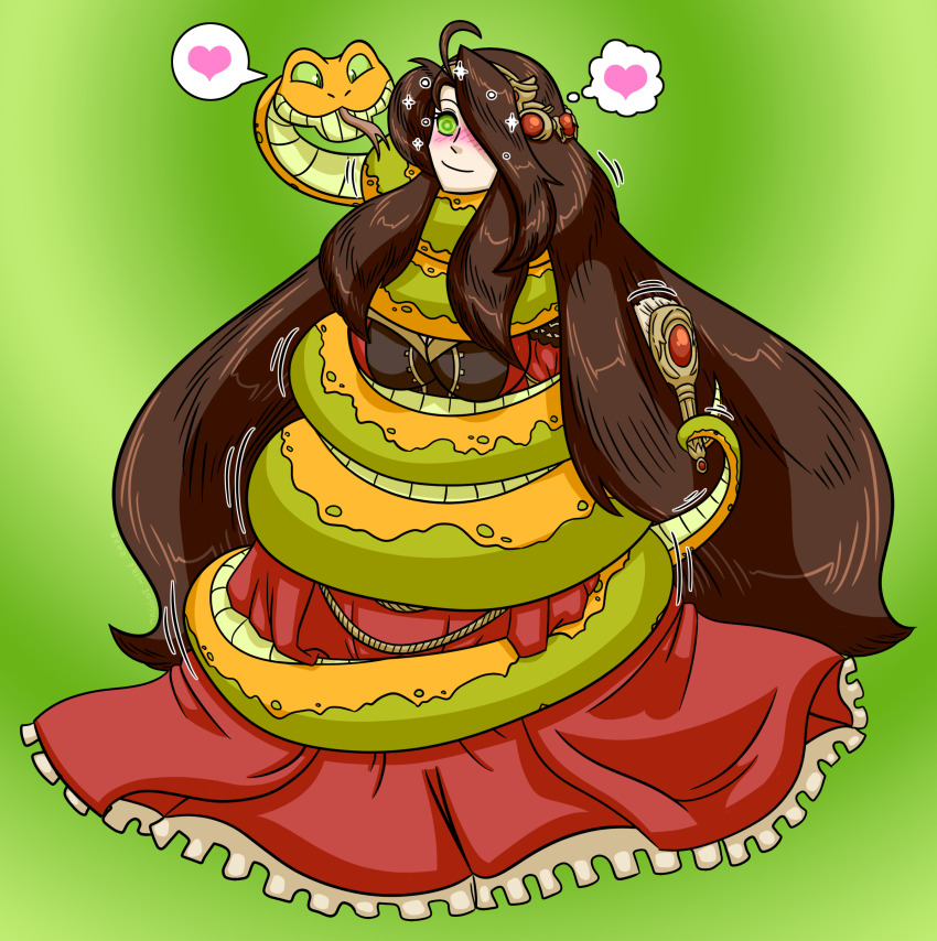 blush coils dress femsub fire_emblem fire_emblem_mystery_of_the_emblem gradient_background happy_trance kaa_eyes maggotmike nintendo sheena_(fire_emblem) sheena_(fire_emblem) snake very_long_hair
