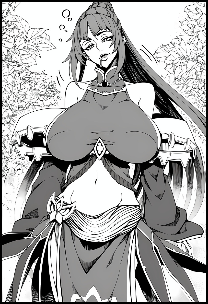 absurdres ai_art breasts dazed drool empty_eyes eye_roll lillytank_(generator) monochrome novelai_(ai) open_mouth smile south_(witch_hunter) witch_hunter_(manhwa)