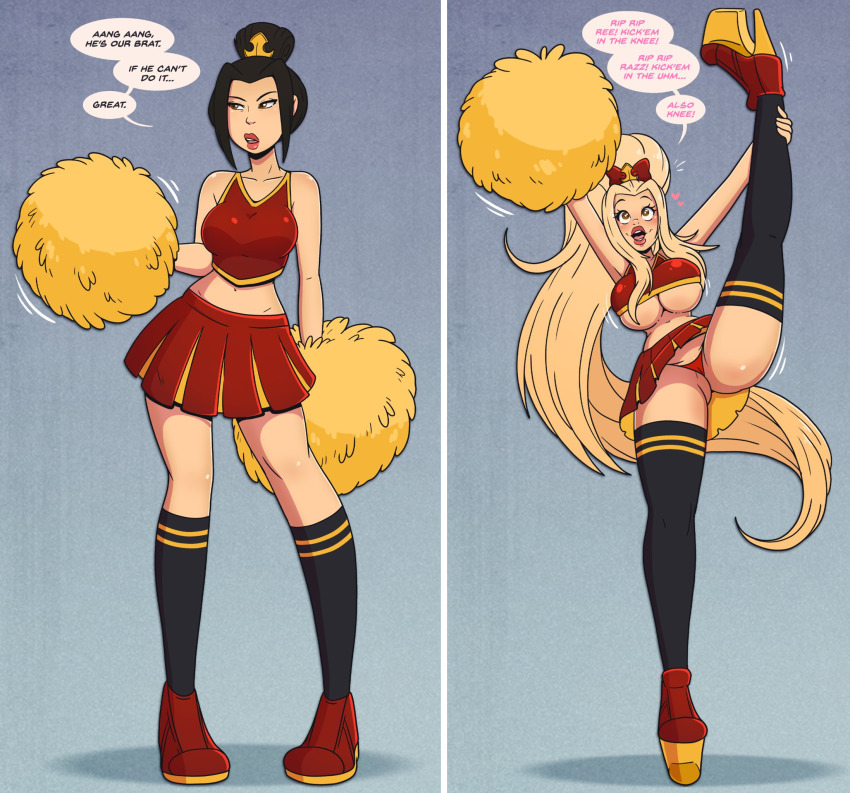 avatar_the_last_airbender azula before_and_after bimbofication black_hair blonde_hair breast_expansion cheerleader female_only femsub lipstick text wrenzephyr2