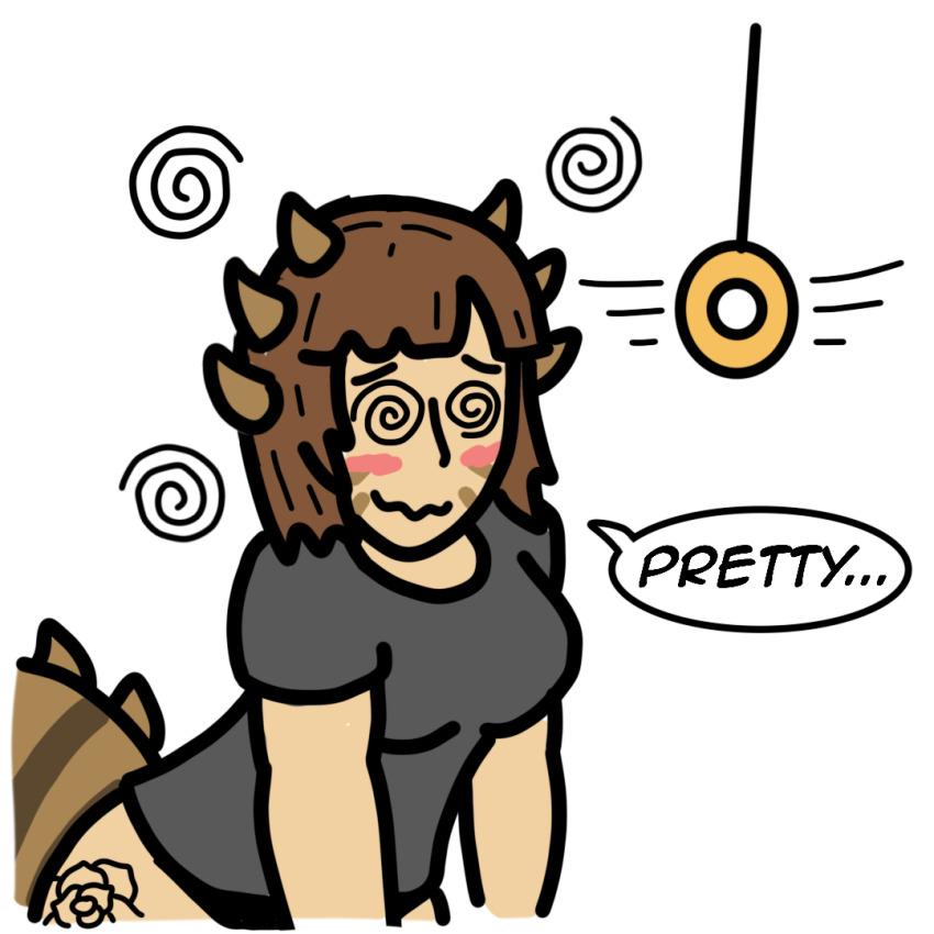 bare_legs blush brown_hair coin female_only femsub happy_trance horns kilroylucy18 lizard_girl lucy_theodulf_(kilroylucy) original panties pendulum shirt short_hair simple_background smile solo spiral_eyes white_background