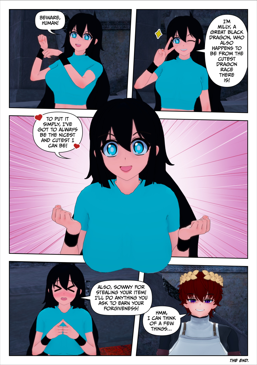 black_hair blue_eyes blush clothed comic dialogue dragon_girl femsub long_hair maledom panties rollb skecchyartist skirt spiral_eyes text