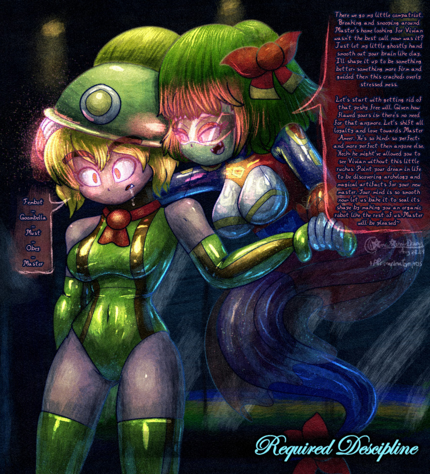 ameerashourdraws blonde_hair bodysuit boo_(mario) boots drone dronification fembot femdom femsub ghost gloves glowing_eyes goomba goombella green_hair hand_on_head hypnotized_hypnotist lady_bow latex leotard nintendo paper_mario paper_mario:_the_thousand_year_door red_eyes robotic_trance super_mario_bros. text