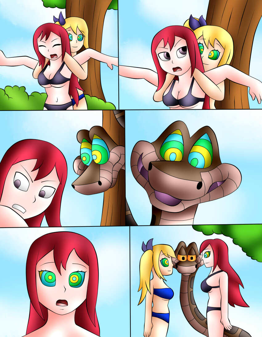 betrayal blonde_hair breasts comic disney erza_scarlet fairy_tail femsub happy_trance hypnotic_eyes hypnotized_assistant jerrydestrtoyer kaa_eyes large_breasts lucy_heartfilia maledom red_hair snake swimsuit the_jungle_book