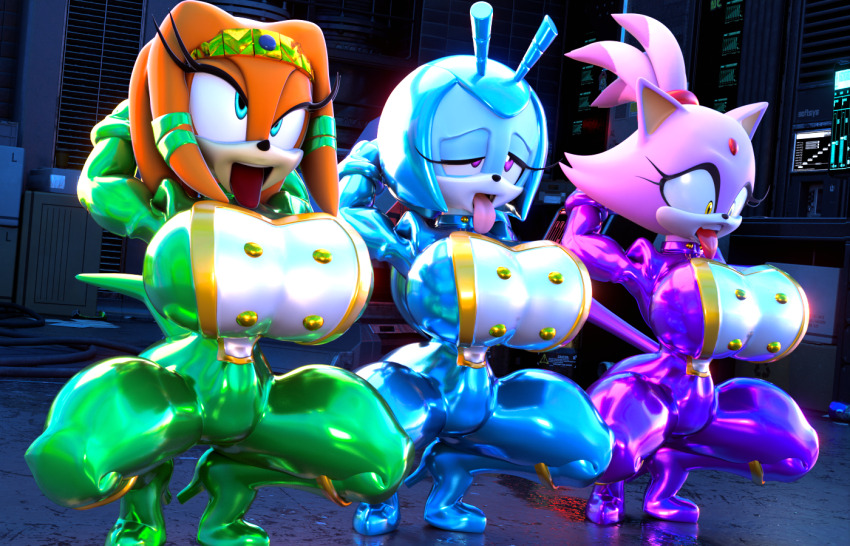 3d ahegao ass blaze_the_cat breasts complex_background female_only femsub furry gloves green_eyes high_heels huge_breasts jewel_the_beetle latex meat_corp military_uniform palisal smile sonic_the_hedgehog_(series) squatting tikal tongue tongue_out uniform