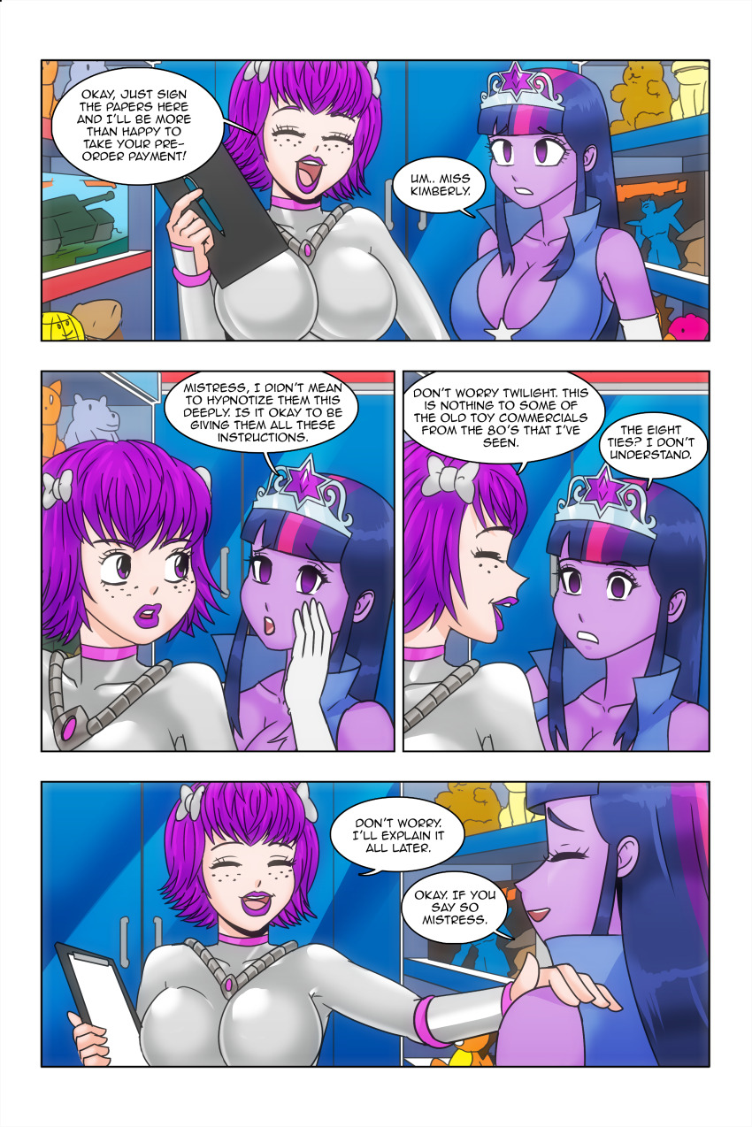 bare_shoulders bow cleavage comic crown dialogue dress empty_eyes equestria_girls femdom femsub freckles happy_trance kimberly_smith_(daveyboysmith9) large_breasts multicolored_hair my_little_pony open_mouth opera_gloves original princess purple_eyes purple_hair purple_lipstick purple_skin story text twilight_sparkle wadevezecha