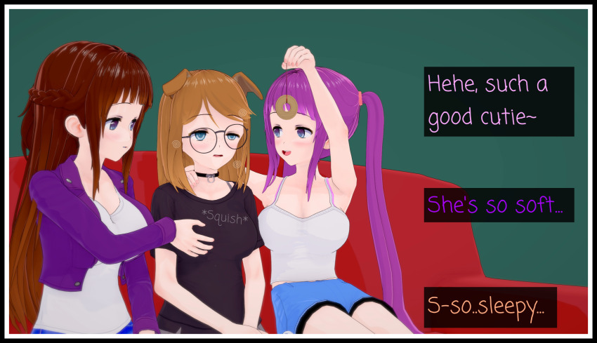 3d astra_(lunastra) breast_fondling brown_hair clothed dialogue dog_ears dog_girl english_text glasses koikatsu! lizzy_(hypno_cutie) luna_(lunastra) lunastra original pendulum pink_hair sleepy text yuri