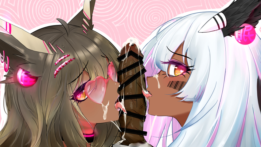 animal_ears anonymous_artist arknights barcode before_and_after brown_hair censored choker cum cum_on_face dark_skin drool earrings eyebrows_visible_through_hair eyelashes eyeshadow femsub ganguro glasses hair_ornament halo heart heart_eyes hypnotic_accessory jewelry makeup maledom multicolored_hair multiple_girls oral penis perianist ptilopsis silence_(arknights) simple_background spiral spiral_background tattoo yellow_eyes