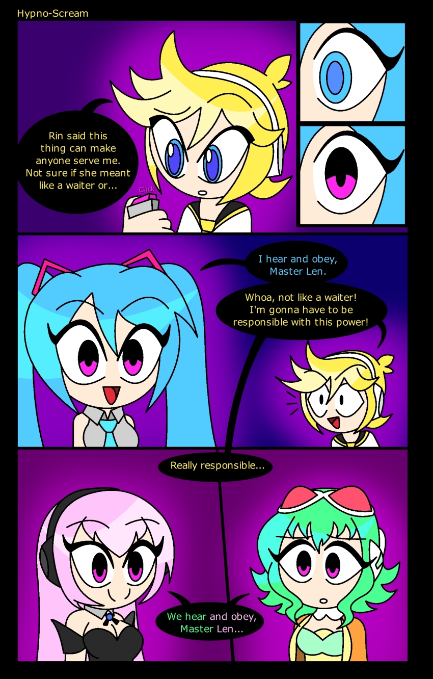 blonde_hair blue_eyes blue_hair comic expressionless eye_color_change femsub goggles goggles_on_head gradient_background green_hair gumi happy_trance harem headphones humor hypnoscream len_kagamine luka_megurine maledom mass_hypnosis miku_hatsune mind_hack multiple_girls multiple_subs pink_hair purple_eyes remote_control simple_background smile tech_control text tie twintails unfocused_eyes vocaloid