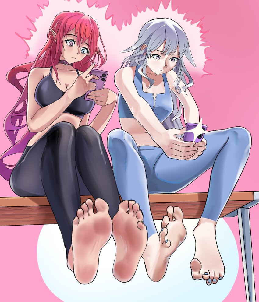 bare_shoulders barefoot bijou_koseki collar elf_ears expressionless feet female_only femsub foot_focus glatu grey_hair gym_uniform hololive hololive_english irys_(hololive) multiple_girls multiple_subs phone pink_hair red_hair sitting spiral_eyes symbol_in_eyes tech_control toenail_polish virtual_youtuber white_hair yoga_pants