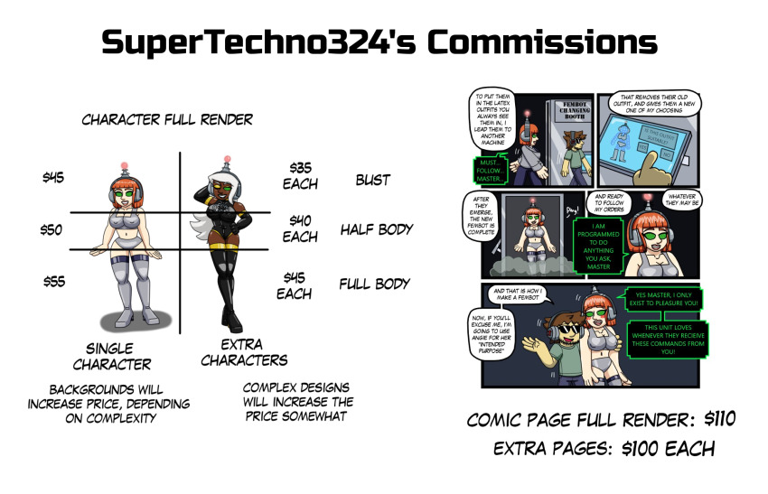 angie_(supertechno324) antenna blush comic commission_sheet english_text fembot fembottica femsub green_eyes happy_trance headphones high_heels latex leotard long_hair makeup maledom opera_gloves original red_hair robotization short_hair spiral_eyes supertechno324 supertechno324_(character) swimsuit tech_control text thigh_boots white_hair
