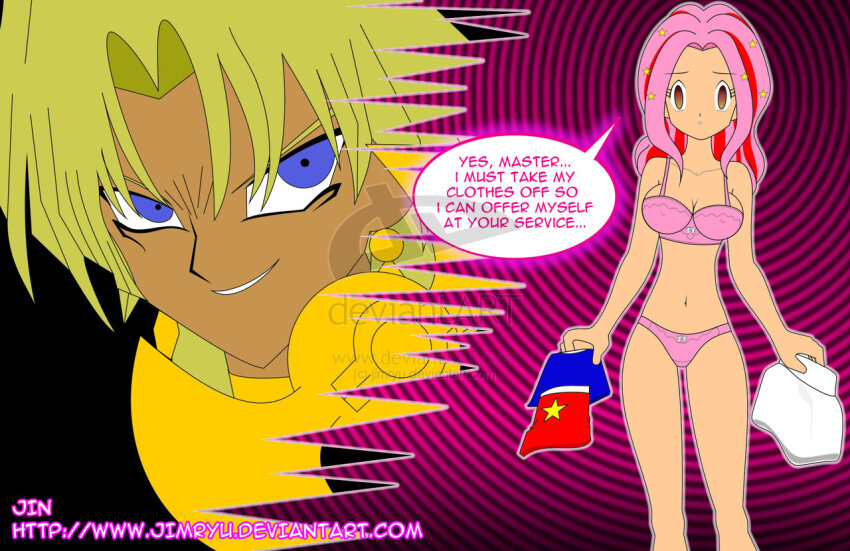 blonde_hair breasts dialogue digimon digimon_adventure_02 empty_eyes erect_nipples expressionless femsub jimryu large_breasts long_hair magic maledom marik_ishtar millennium_item millennium_rod mimi_tachikawa pink_hair short_hair text underwear undressing yu-gi-oh!