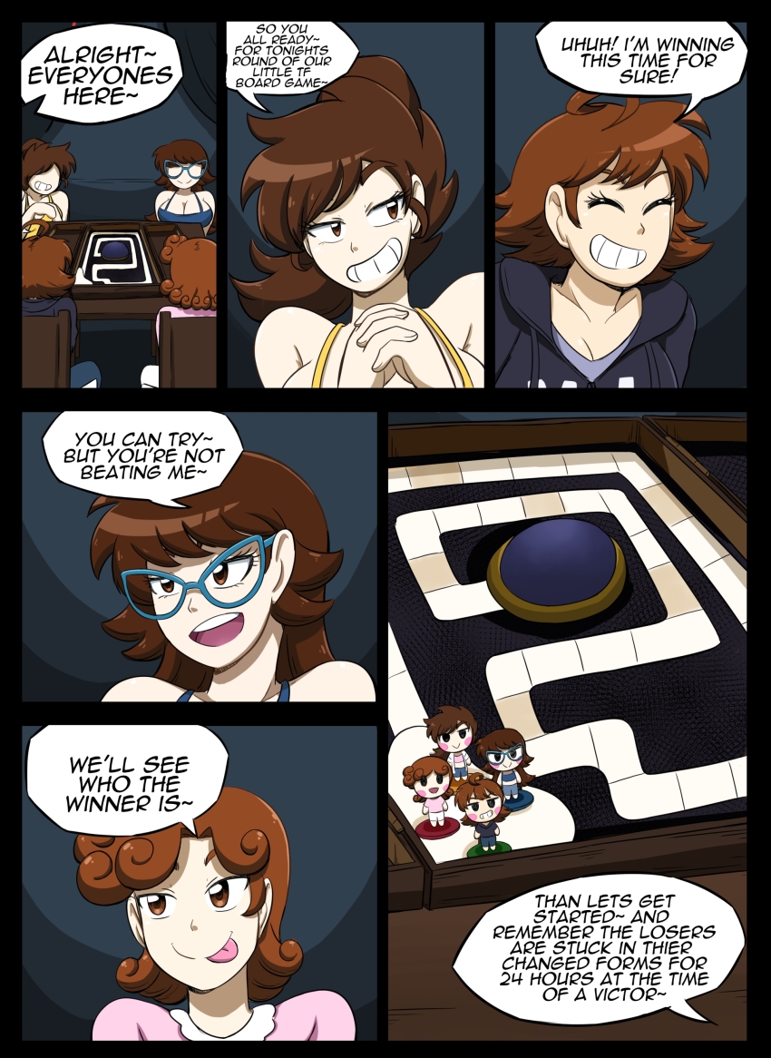 ahoge brown_eyes brown_hair cleavage comic curly_hair glasses hoodie kobi94 long_hair ponytail short_hair speech_bubble