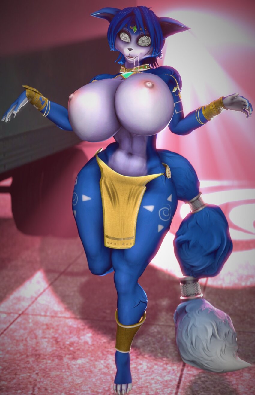 3d altered_common_sense animal_ears breasts clothed clothed_exposure drool erect_nipples exposed_chest female_only femsub furry happy_trance huge_breasts krystal nintendo nipples open_mouth smile spiral_eyes standing star_fox symbol_in_eyes tongue tongue_out topless veryfluffy