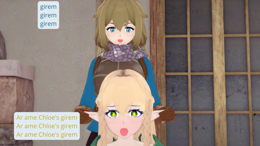 accidental_hypnosis chloe_(unicorn_overlord) clothed complex_background dialogue drunk elf_ears eltolinde female_only femsub tagme text unicorn_overlord