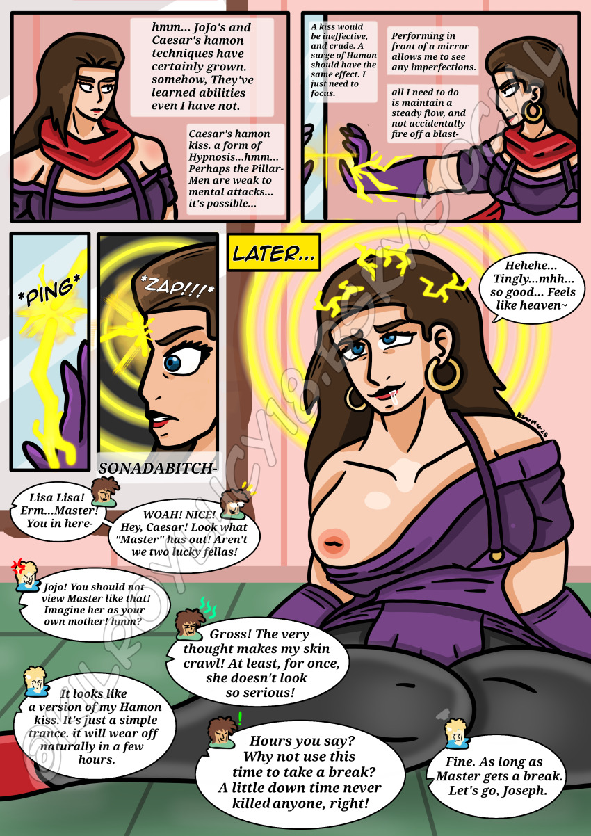 accidental_hypnosis blue_eyes brain_drain breasts brown_hair caesar_anthonio_zeppeli collarbone comic crossed_eyes dazed dialogue drool earrings electricity femsub happy_trance huge_breasts humor jojo&#039;s_bizarre_adventure joseph_joestar kilroylucy18 knees_together leggings lipstick lisa_lisa long_hair milf mirror muscle_girl nipples one_breast_out scarf self_hypnosis sitting