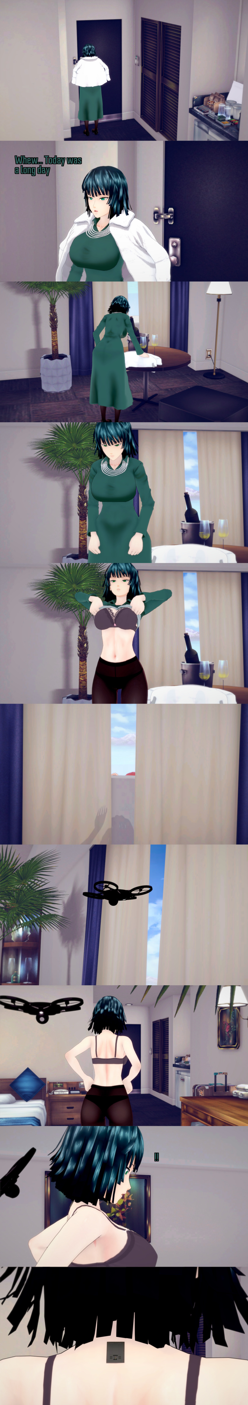 3d absurdres aware bra clothed dialogue drone english_text fubuki_(one_punch_man) green_eyes green_hair microchip one_punch_man red_hair short_hair text underwear undressing zenin1