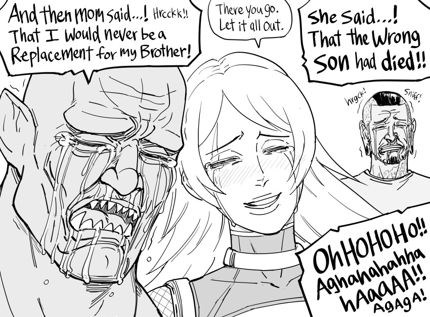 absurdres altered_perception assertive_sub aware baalbuddy beard blush claws collar denial dialogue earrings elf_ears english_text fangs femsub fishnets gloves greyscale happy_trance humor hypnotic_tattoo large_breasts monochrome multiple_boys multiple_doms nose_ring orc parody restrained scar shirt simple_background speech_bubble taimanin_(series) tattoo tears text turning_the_tables white_background