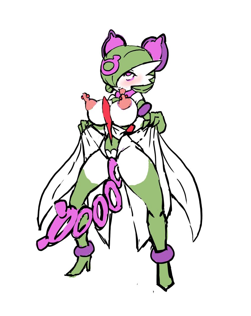 alternate_costume androgynous_dom blush boots breasts control_indicator empty_eyes erect_nipples eye_color_change eyeshadow femsub gardevoir green_hair hair_color_change hair_covering_one_eye high_heels large_breasts makeup multicolored_hair nintendo nipple_piercing pecharunt pokemon pokemon_(creature) pokemon_ruby_sapphire_and_emerald pokemon_scarlet_and_violet possession purple_eyes purple_hair qmidcplcvg3jijj short_hair simple_background thigh_boots thighhighs tongue tongue_out white_background