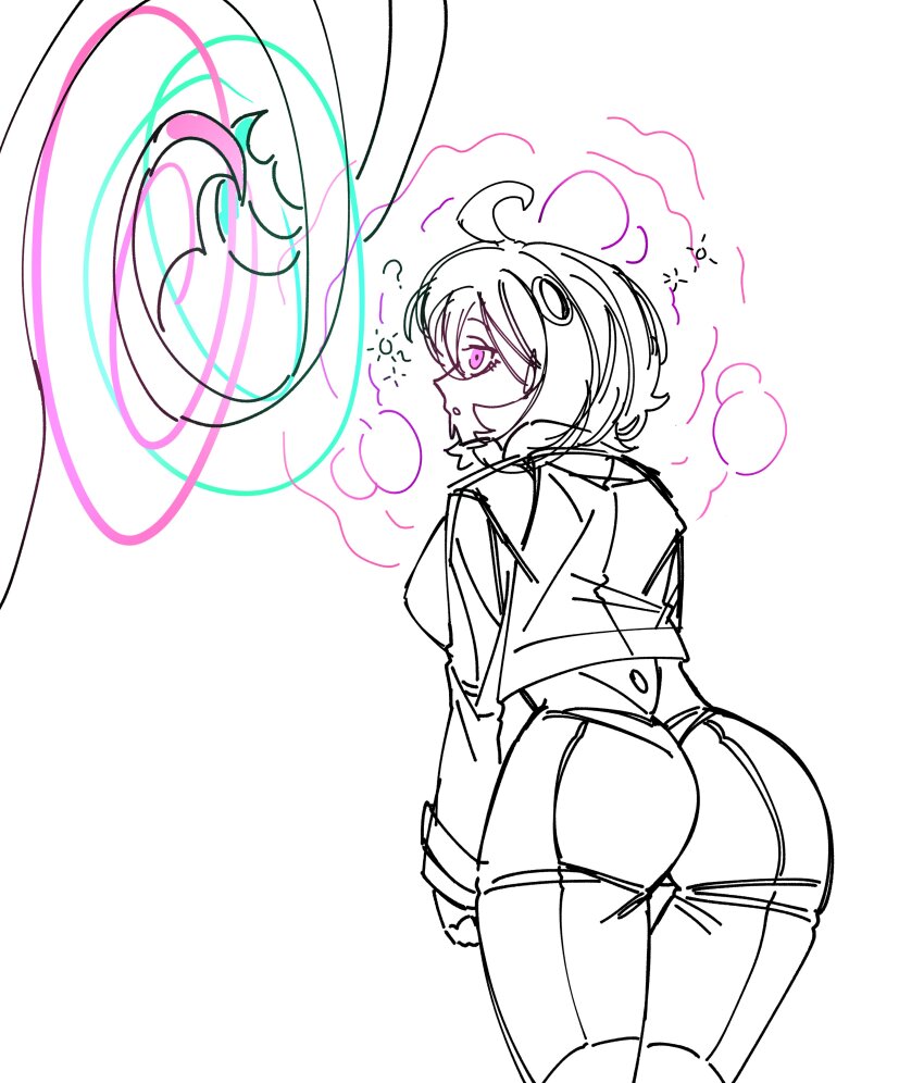 absurdres ahoge ass bodysuit coat confused dazed drool emma_(pokemon) femsub from_behind hair_ornament hey_johnson00 malamar mega_malamar monochrome nintendo open_mouth pink_eyes pokemon pokemon_(creature) pokemon_legends_z-a short_hair simple_background tentacles white_background