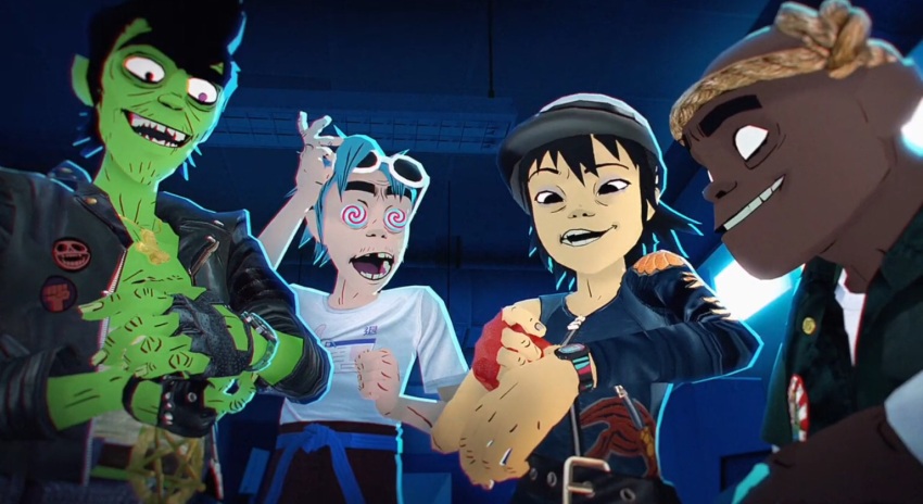 2d bald black_hair blue_hair gorillaz green_skin malesub murdoc noodle open_mouth russel smile spiral_eyes symbol_in_eyes