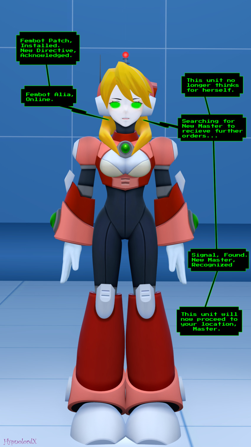 alia antenna blonde_hair dialogue fembot femsub hypnolordx large_breasts long_hair megaman_(series) megaman_x_(series) spiral_eyes tech_control text