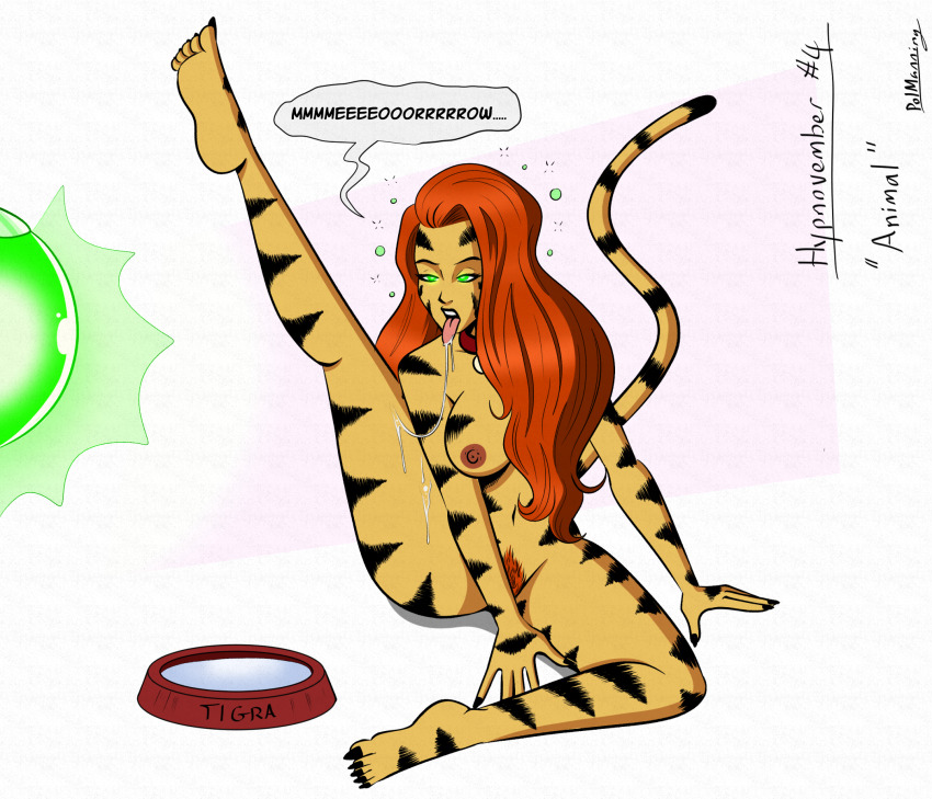 breasts cat_girl female_only femsub green_eyes gun hypnovember long_hair marvel_comics pet_play polmanning pubic_hair pussy red_hair super_hero tigra