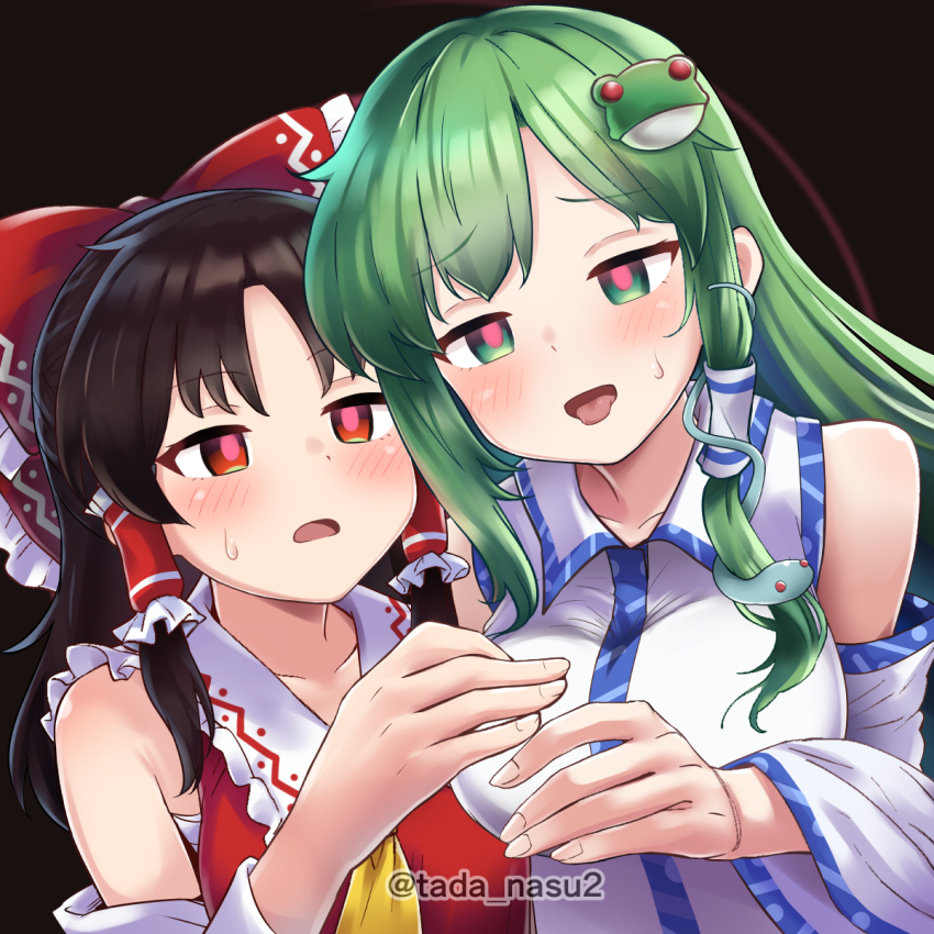 bow dazed empty_eyes female_only femsub hair_ornament multiple_girls multiple_subs open_mouth reimu_hakurei sanae_kochiya simulated_handjob tada_nasu2 tongue tongue_out touhou