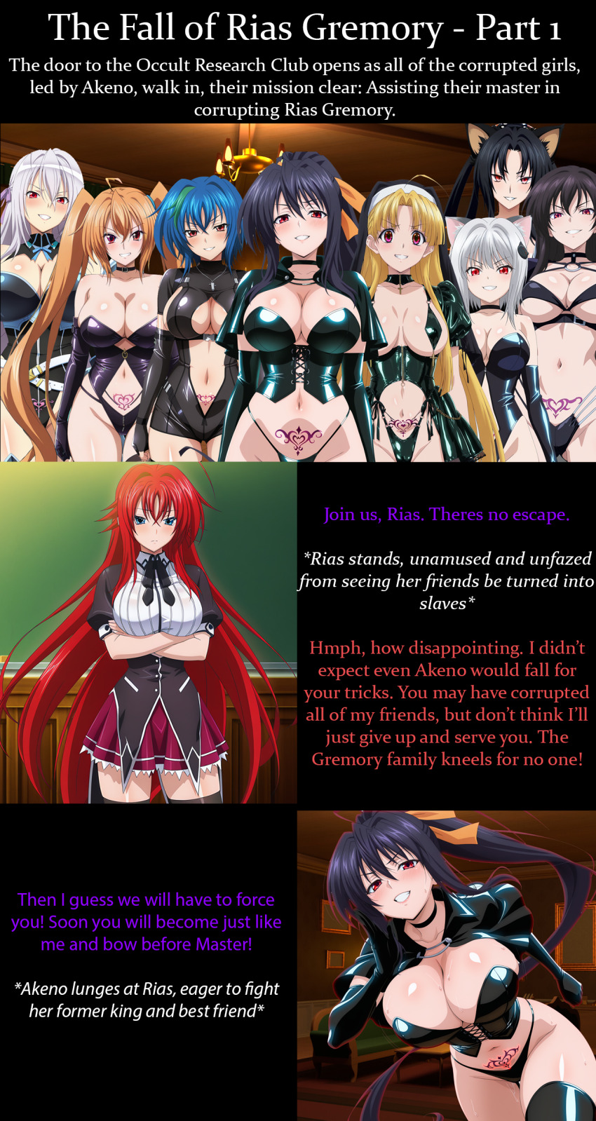ai_art akeno_himejima asia_argento black_hair blonde_hair blue_hair cat_girl comic corruption crotch_tattoo enemy_conversion high_school_dxd irina_shidou koneko_toujou kuroka_toujou latex leotard long_hair manip multiple_girls multiple_subs nun orange_hair raynare red_eyes red_hair rias_gremory rossweisse text xenovia_quarta