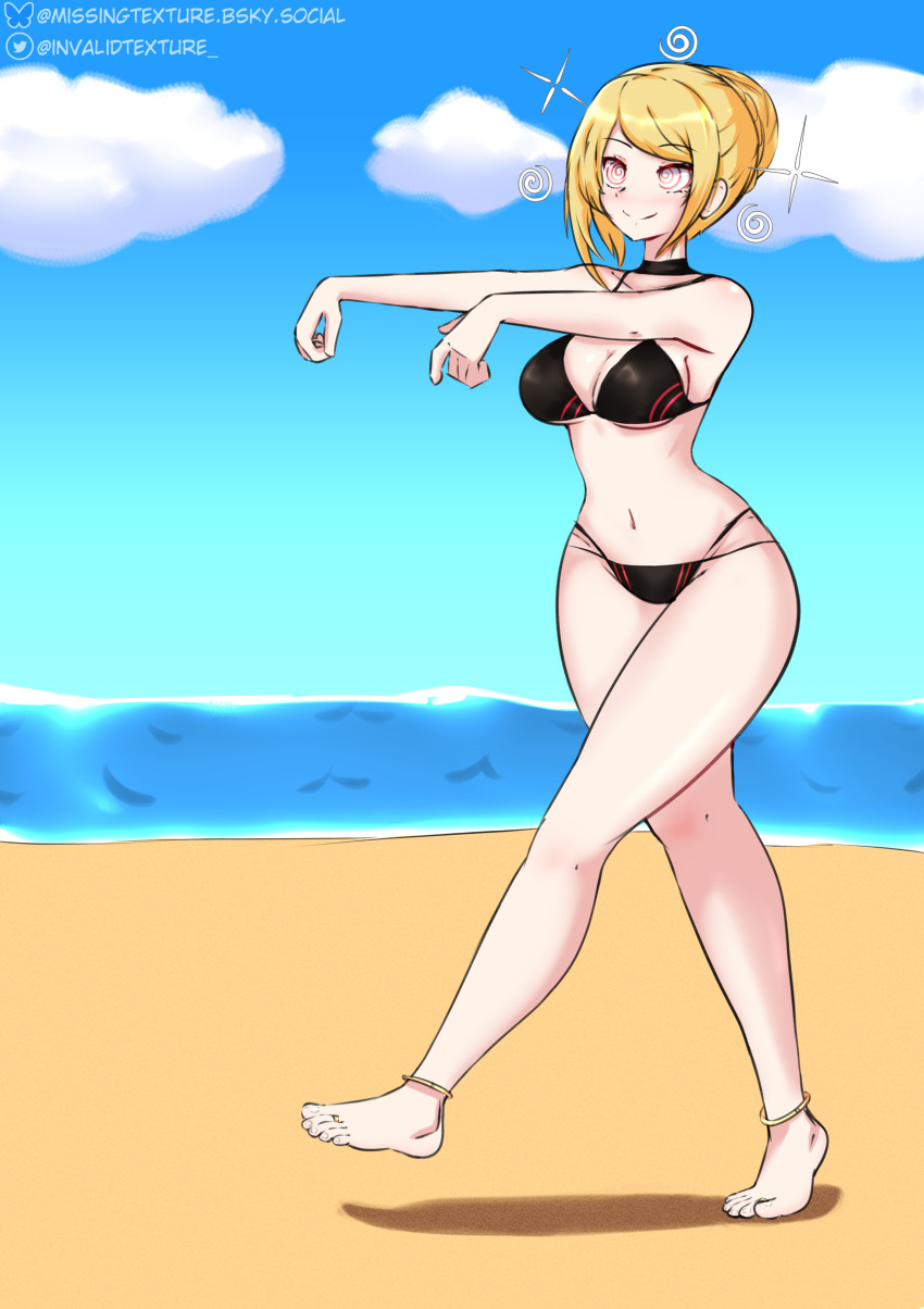 absurdres angelica_rapha_redgrave anklet barefoot beach bikini blonde_hair breasts choker dazed feet female_only femsub happy_trance large_breasts otome_game_sekai_wa_mob_ni_kibishii_sekai_desu signature smile spiral_eyes symbol_in_eyes toe_ring transparenttexture watermark zombie_walk