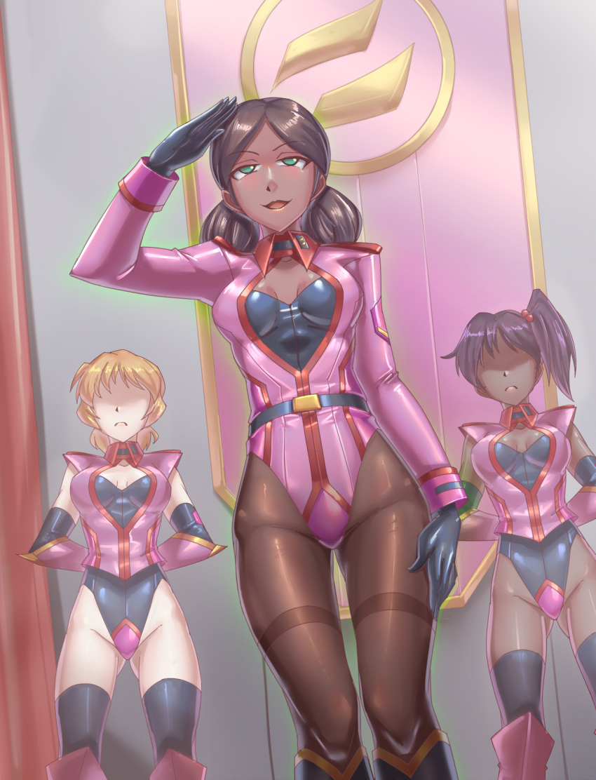 boots cleavage corruption dark_skin enemy_conversion femsub gloves green_eyes gundam_(series) lalah_sune leebigtree leotard pantyhose saluting side_ponytail standing_at_attention tagme thighhighs twintails