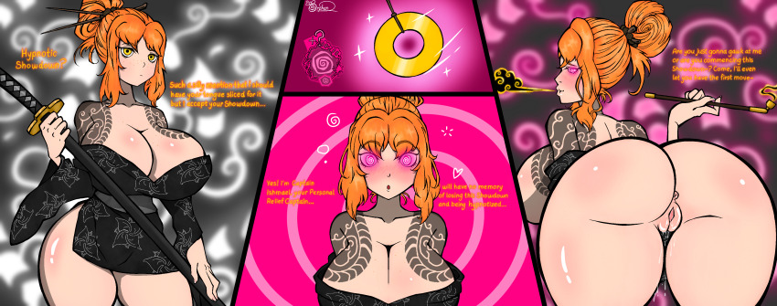 ass blush cleavage comic femsub freckles glowing_eyes hookah huge_ass huge_breasts hypnotic_smoke hypnotic_smoking ishmael_(limbus_company) kimono limbus_company looking_at_viewer orange_hair orphan2 pendulum pussy pussy_juice smoke spiral_eyes tattoo text thick_thighs weapon