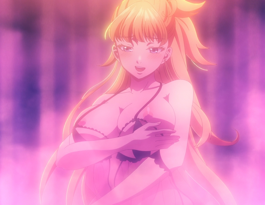 aphrodisiac babydoll blonde_hair blue_eyes blush breasts cleavage collarbone femsub himeno_nonaka hypnotic_gas large_breasts long_hair nipples official open_mouth screenshot tales_of_wedding_rings