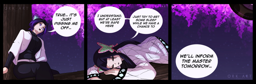 black_hair butterfly comic demon_slayer english_text hair_ornament kanae_kocho multiple_girls multiple_views orkart outdoors purple_hair shinobu_kocho signature sitting text trees