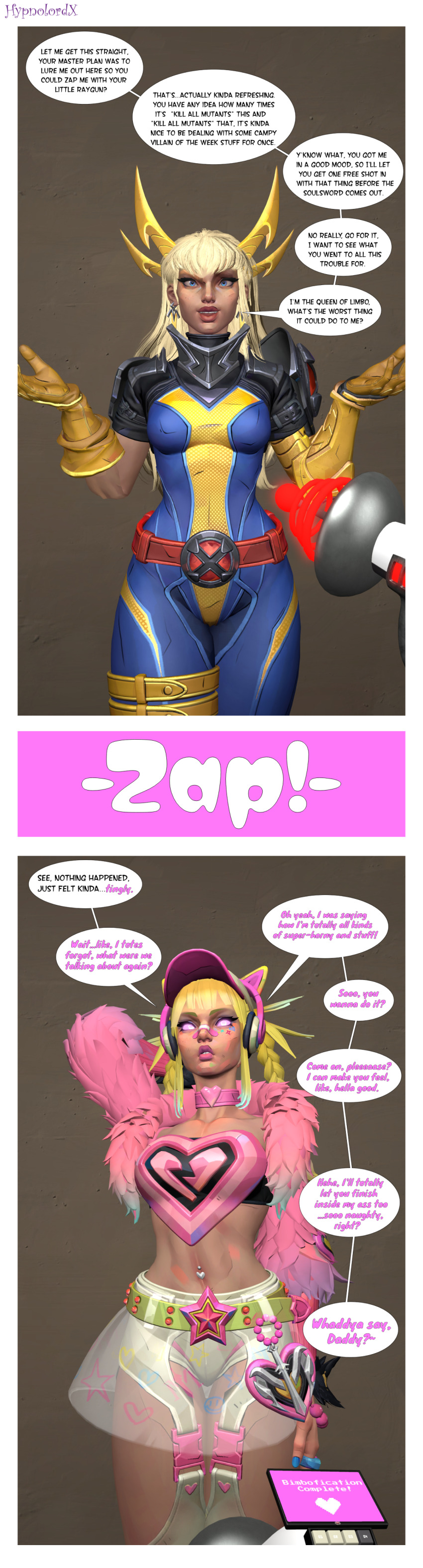 3d before_and_after bimbofication blonde_hair braid comic dialogue femsub fur_coat glowing_eyes hypnolordx long_hair magik marvel_comics marvel_rivals pov raygun signature skirt source_filmmaker speech_bubble super_hero text transformation