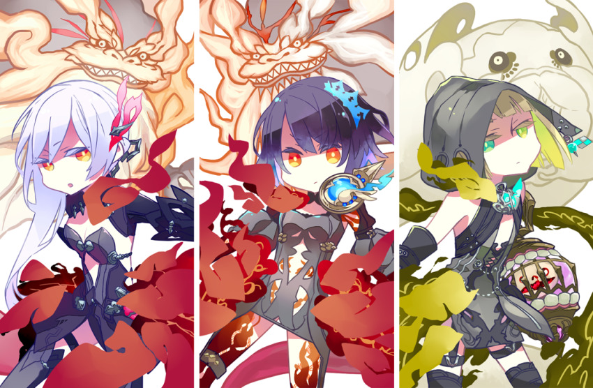 alice_(sinoalice) alternate_costume alternate_hairstyle bare_shoulders black_sclera blue_hair body_markings breasts cage cleavage corruption envy_serpent evil_smile expressionless eye_color_change femsub ghost green_eyes gretel_(sinoalice) hansel hood long_hair looking_at_viewer multiple_girls multiple_possessors multiple_subs open_mouth possession proud_lion red_eyes shirotae_y short_hair sinoalice smile snow_white_(sinoalice) source_request square_enix transfem transgender_identity white_hair