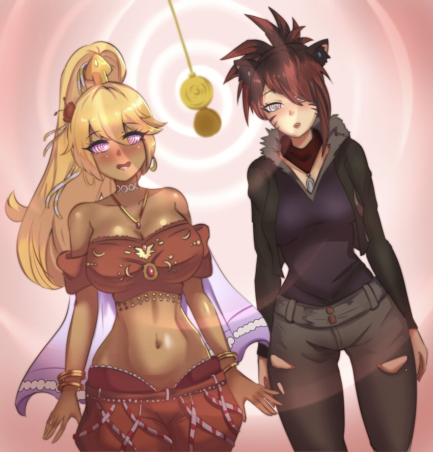 cat_ears cat_girl dazed female_only femsub genie happy_trance harem_outfit jeans kathrine_darkhollow multiple_girls multiple_subs original pocket_watch samirah_(pieman754) smeef spiral spiral_background spiral_eyes spiralwash_eyes