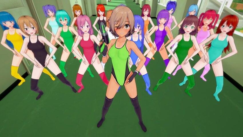 3d body_control brown_hair femdom femsub haigure haigure_ayami haigure_ayami_(artist) happy_trance leotard multiple_girls multiple_subs original raygun