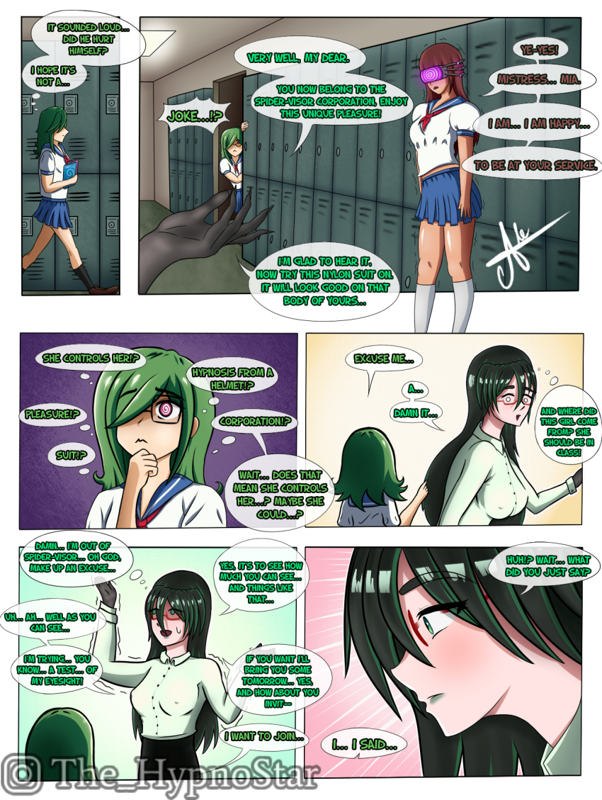 border comic dialogue emily_woods_(starlink) femdom femsub glasses green_eyes green_hair mrs._mia_(starlink) open_mouth original red_eyes school_uniform spider-visor_(starlink) spiral starlink tech_control text thighhighs