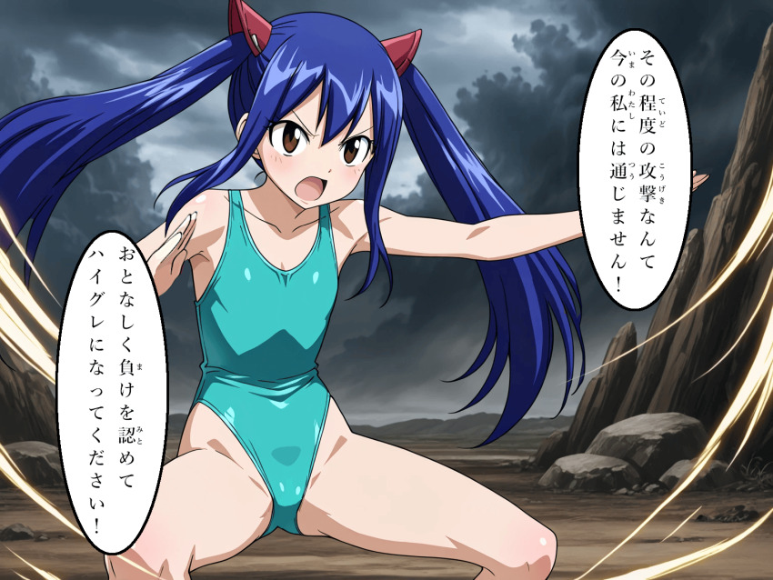 ai_art blue_hair dialogue fairy_tail femsub haigure leotard long_hair swimsuit text translation_request twintails wendy_marvell