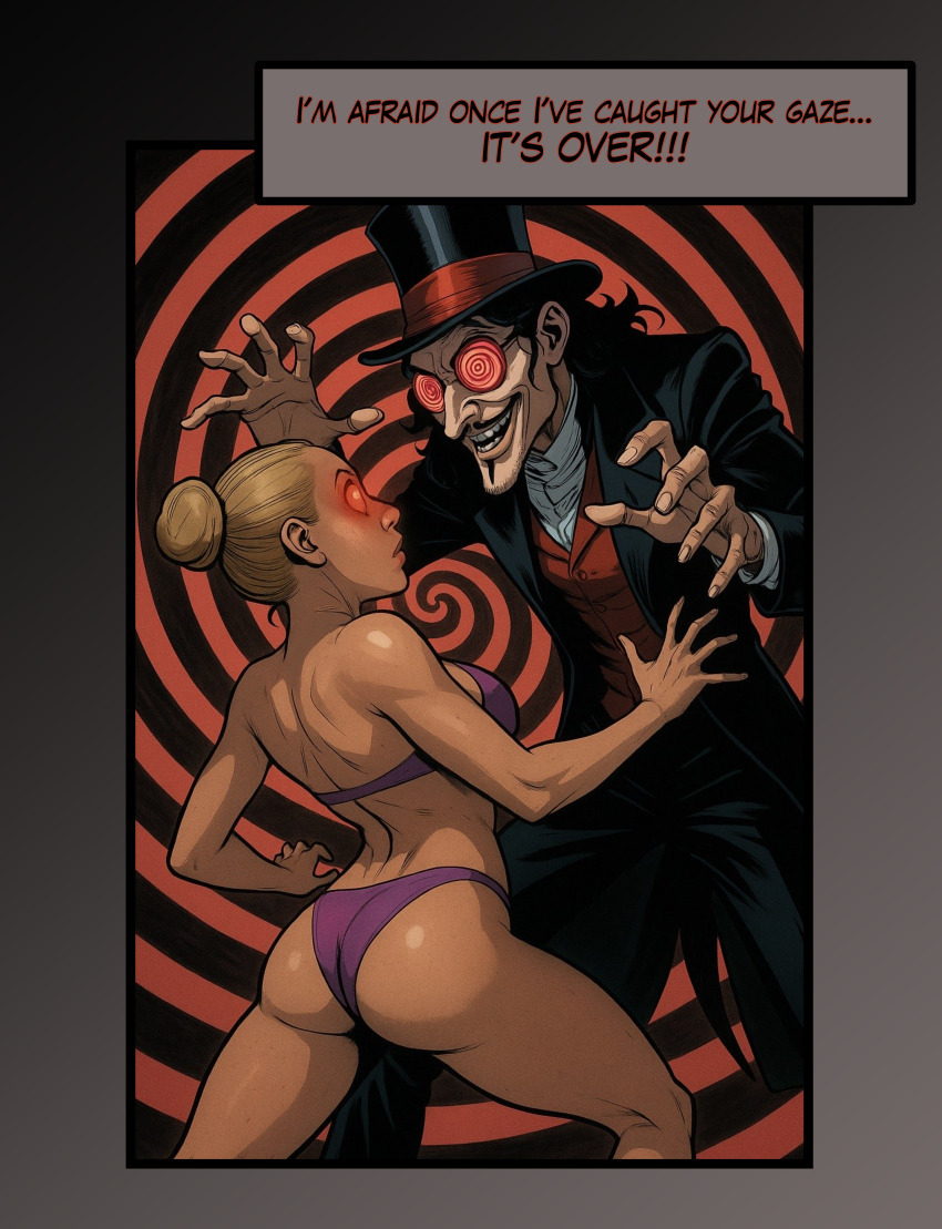 ai_art ass beard black_hair blonde_hair english_text femsub fortunadoe_(generator) fortune_(subverse) glasses glowing_eyes hat instant_loss magician maledom midriff mustache pants red_eyes sideboob single_hair_bun spiral_eyes subverse text underwear