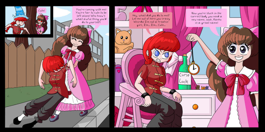 azusa_shiratori black_eyes blue_eyes bow braid brown_hair clothed comic dialogue dress female_only femdom feminization femsub heart_eyes large_breasts limp long_hair pants pendulum playererror404 pocket_watch ranma_1/2 ranma_saotome_(female) red_hair restrained ribbon sequence shirt shoes sitting smile speech_bubble standing text very_long_hair