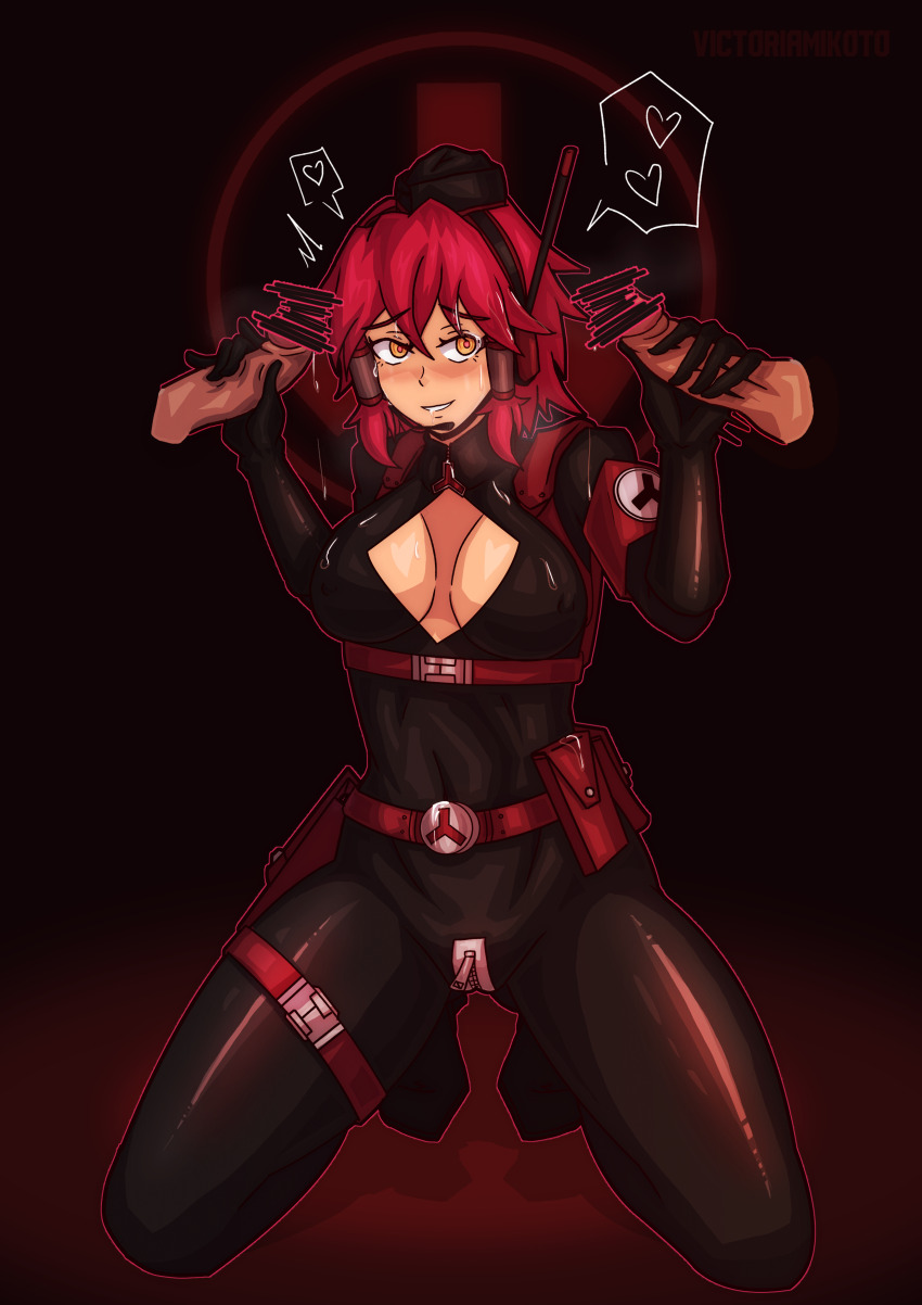 absurdres antenna arm_bands bangs belt bodysuit breasts censored cleavage cleavage_cutout cum cum_on_body double_handjob drool empty_eyes femsub garter handjob hat headphones heart kneeling masturbation microphone multiple_penises orange_eyes original phantom_penis red_background red_hair short_hair simple_background smile spread_legs sweat victoriamikoto zipper zz_valkyries_(exil)