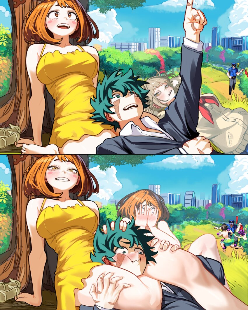 absurdres aware bangs bare_legs blonde_hair brown_eyes brown_hair cheek_squish dress embarrassed femdom femsub ghost green_hair head_in_lap himiko_toga izuku_midoriya jacket legs lying minoru_mineta momo_yaoyorozu my_hero_academia ochaco_uraraka on_back outdoors possession sandals scars shirt short_hair sitting smile straight-cut_bangs thighs trees vlizz yellow_eyes