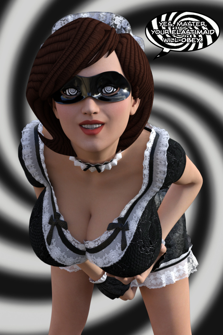 3d brown_eyes dialogue disney elastigirl femsub happy_trance helen_parr maid maid_headdress mask milf spiral spiral_background spiral_eyes spiralwash_eyes text the_incredibles theheckle