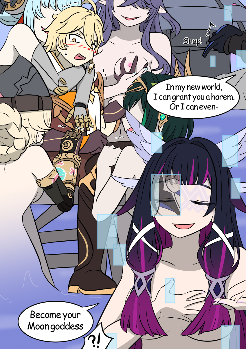 aether_(genshin_impact) ahoge assimilation bare_shoulders black_hair blonde_hair blue_hair blush breasts character_request closed_eyes columbina_(genshin_impact) corruption dottore_(genshin_impact) femsub from_behind genshin_impact gloves goddess green_hair groping hair_covering_one_eye harem ineffa large_breasts lauma maledom mask multicolored_hair multiple_girls naughty_smile nefer_(genshin_impact) nipples no_eyes purple_hair red_hair restrained seductive_smile shapeshifter sitting sweat transformation vel