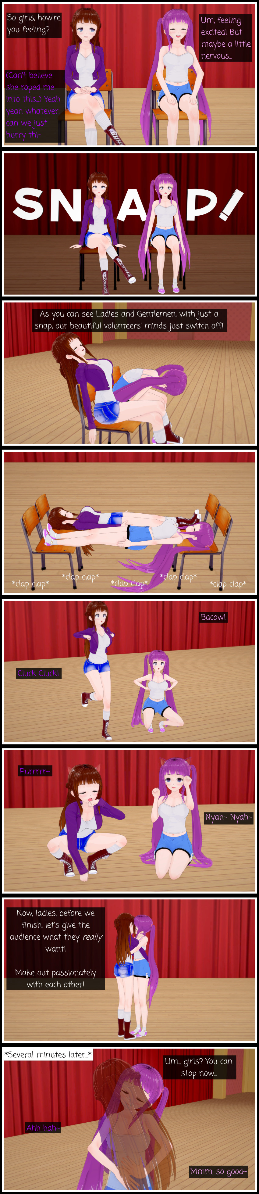 3d astra_(lunastra) brown_hair cat_pose catalepsy chicken_pose clothed comic english_text kissing koikatsu! luna_(lunastra) lunastra original pet_play pink_hair stage_hypnosis text yuri