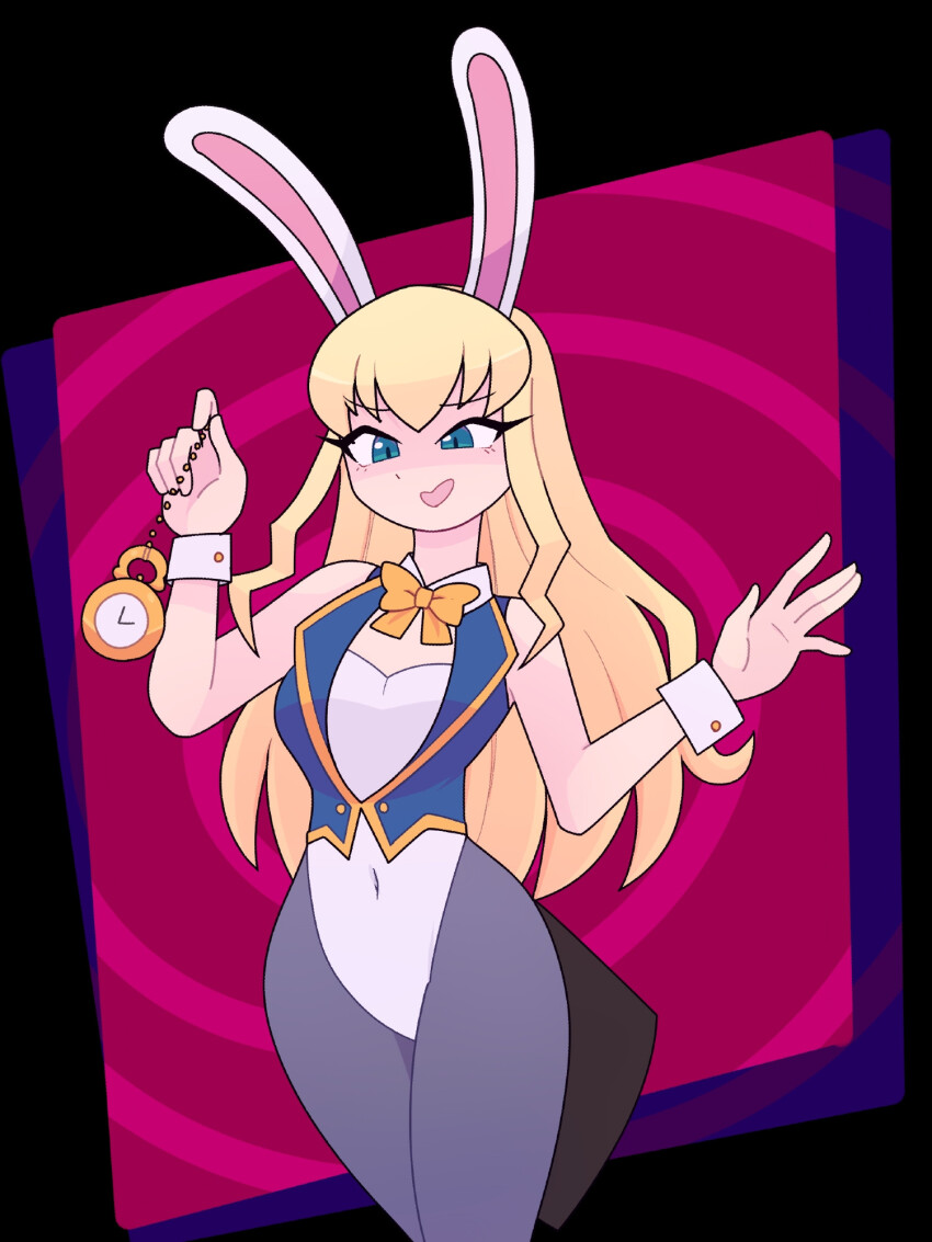 animal_ears blonde_hair blue_eyes bow_tie bunny_ears bunnysuit character_request cleavage cleavage_cutout clock cuffs etotama eyebrows_visible_through_hair femsub jacket leotard long_hair open_mouth original pov pov_sub rakuma-imp red_background smile solo spiral_background thighhighs wide_hips