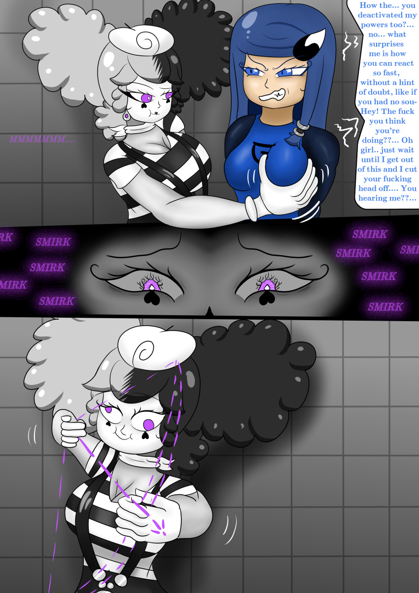 azure_blade blue_eyes blue_hair breast_grab evil_smile grey_hair grey_skin mime onorgasmic purple_eyes