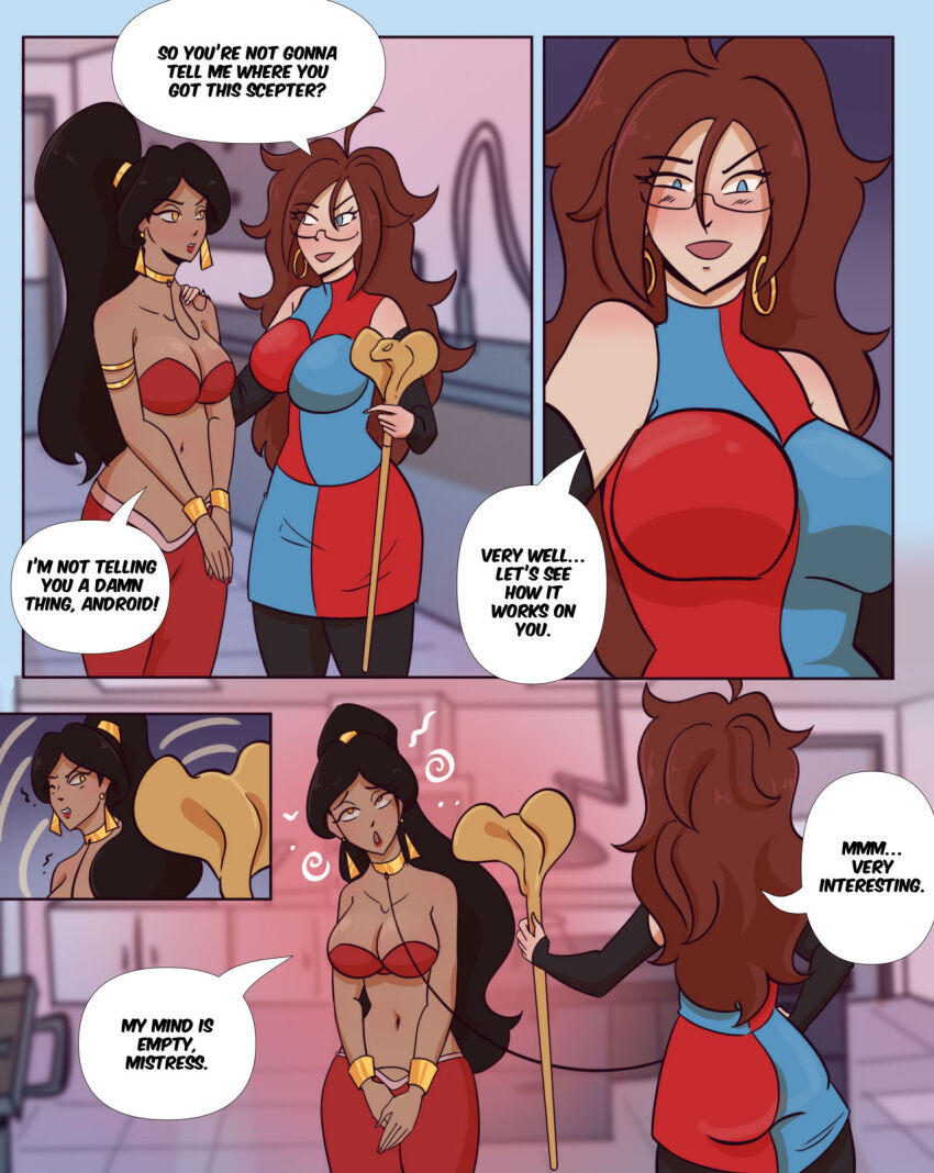 aladdin_(series) android_21 black_hair blue_eyes bracelet brown_hair clothed collar crossover dazed dialogue dragon_ball dragon_ball_fighterz dress earrings english_text femdom femsub hypnoskeleton instant_loss leash lipstick multiple_girls navel open_mouth pants ponytail princess_jasmine smile smirk speech_bubble text yellow_eyes