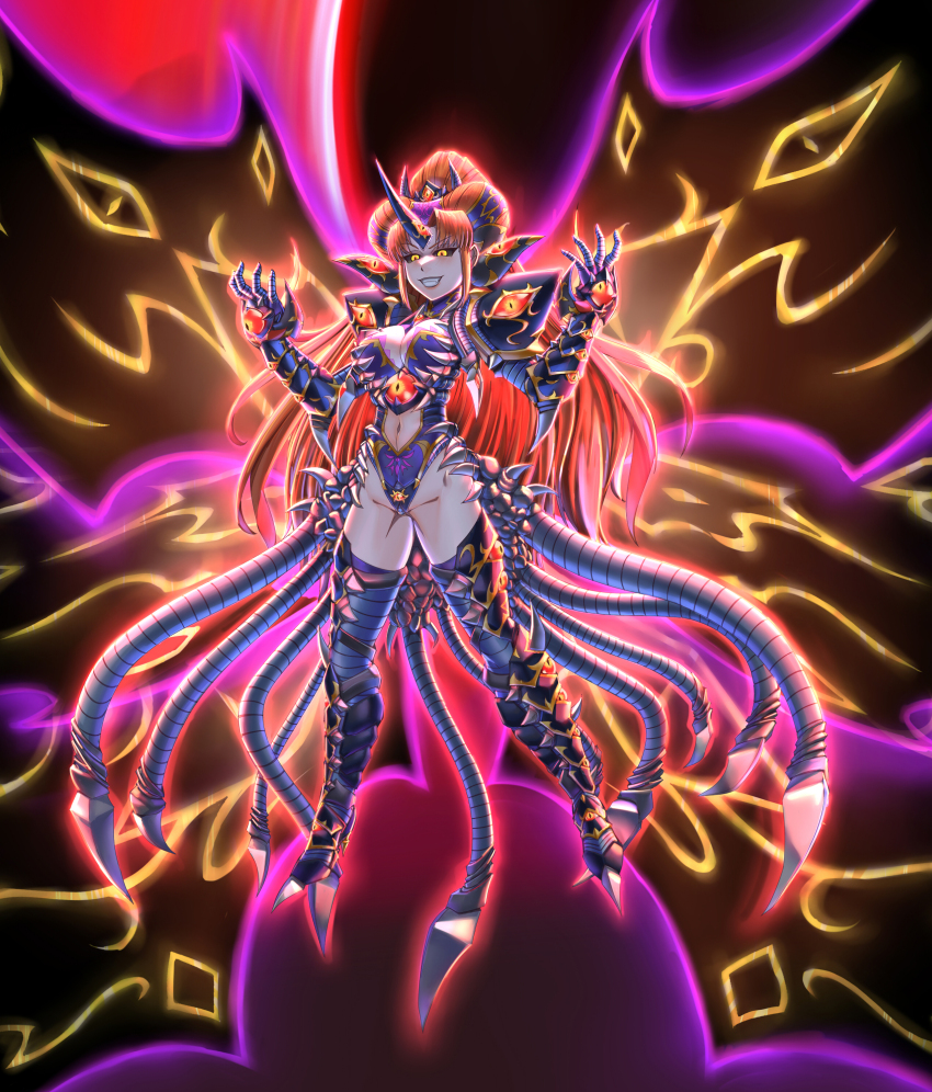 absurdres alternate_costume alternate_form aura black_sclera breasts cleavage corruption evil_smile eye_color_change female_only femsub floating grandia_(series) happy_trance horns large_breasts leebigtree midriff millenia_(grandia_ii) multiple_eyes multiple_tails navel orange_hair slit_pupils smile tail thighhighs thighs very_long_hair wings yellow_eyes